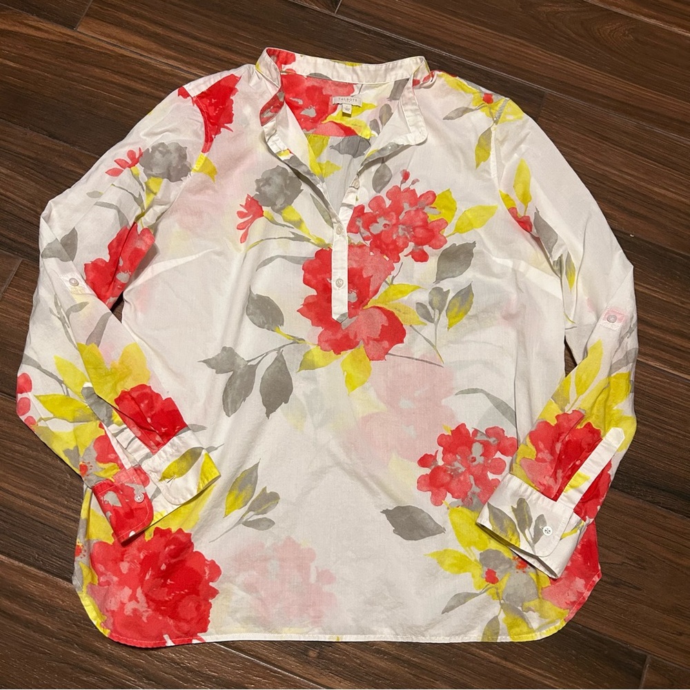 Talbots Popover Blouse Watercolor Florals Large White Long‎ Sleeve or 3/4